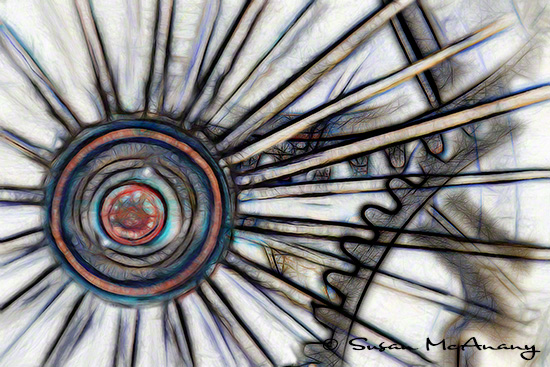 Reimagine abstract art image of train wheel.